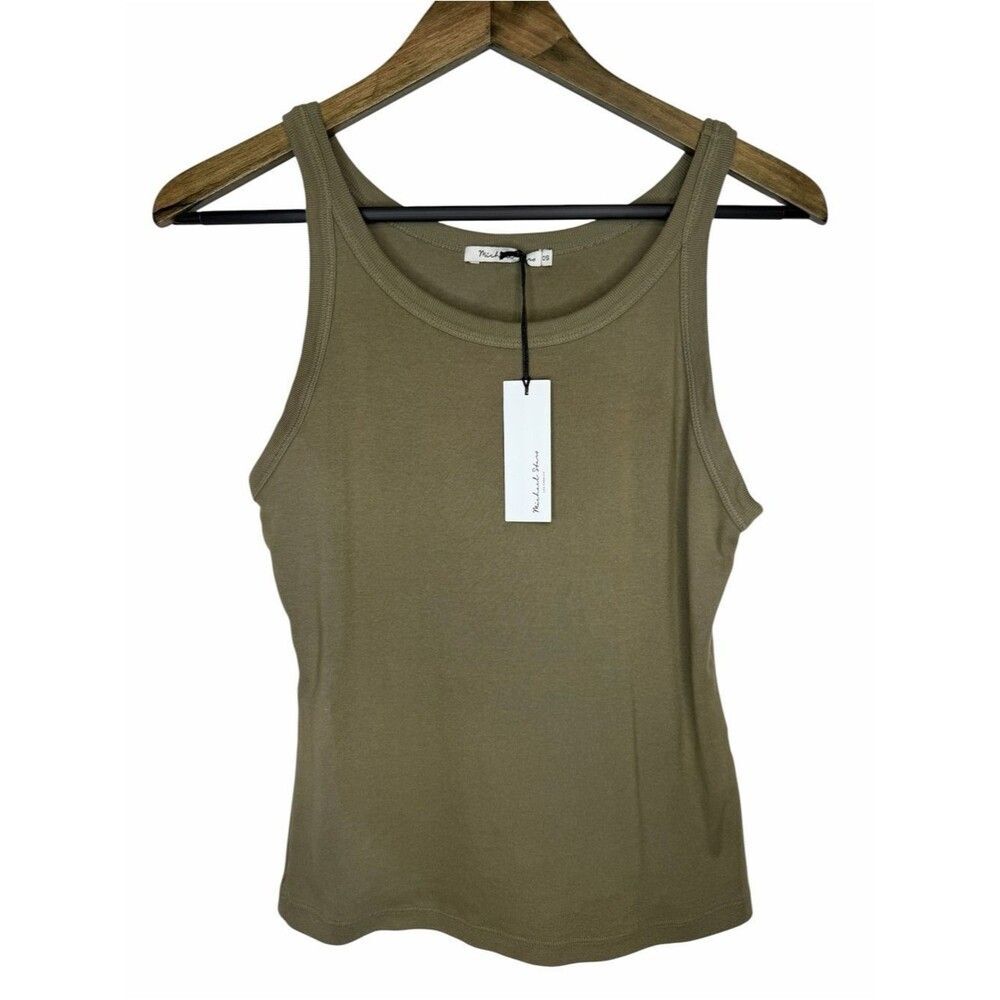 NWT Michael Stars Cassie Thin Binded Tank Top OS Olive Green Stretch Basic Tee